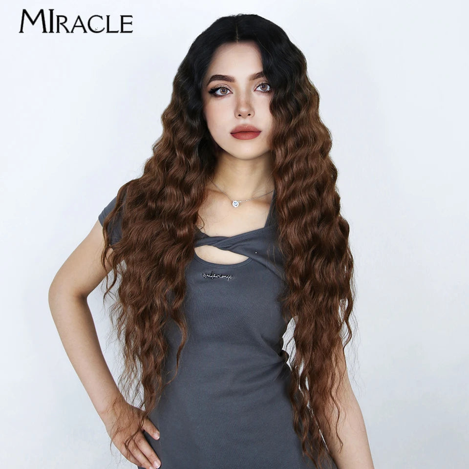 MIRACLE Synthetic Lace Front Wig 30'' Water Wave Lace Frontal Wig for Women Red Blonde Cosplay Lace Wig Female Fake Hair