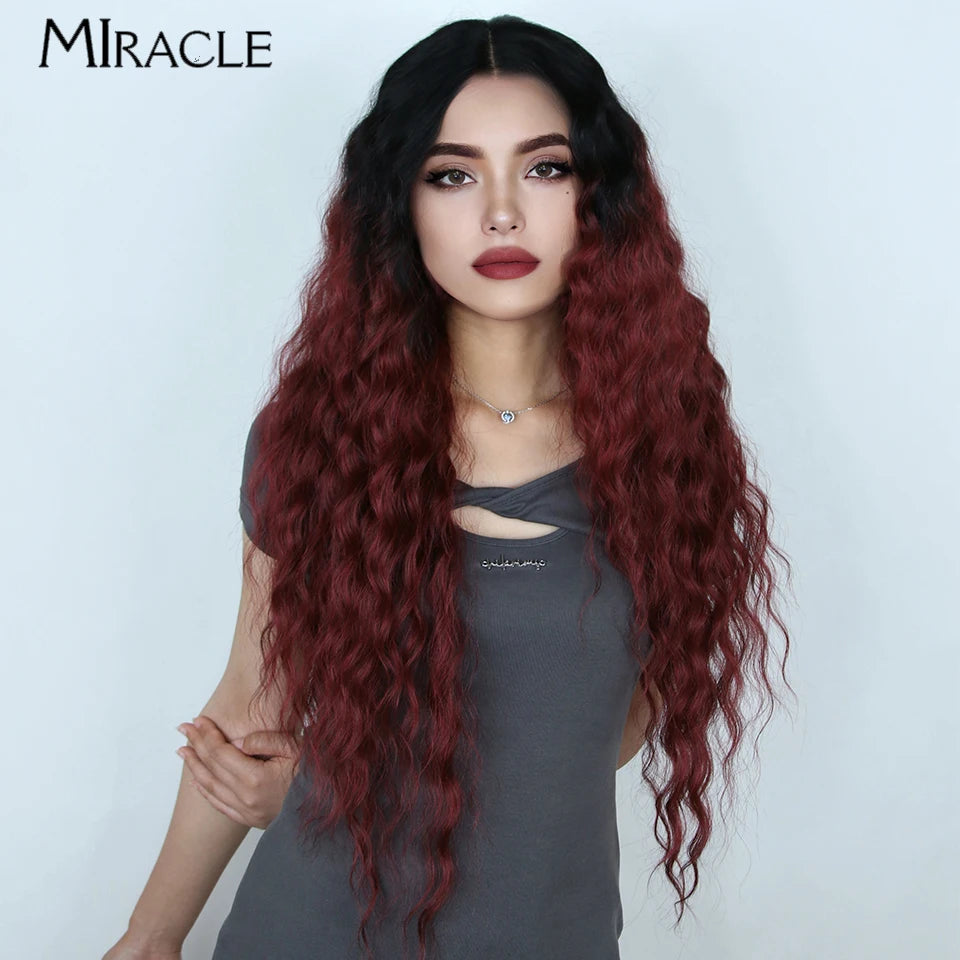 MIRACLE Synthetic Lace Front Wig 30'' Water Wave Lace Frontal Wig for Women Red Blonde Cosplay Lace Wig Female Fake Hair