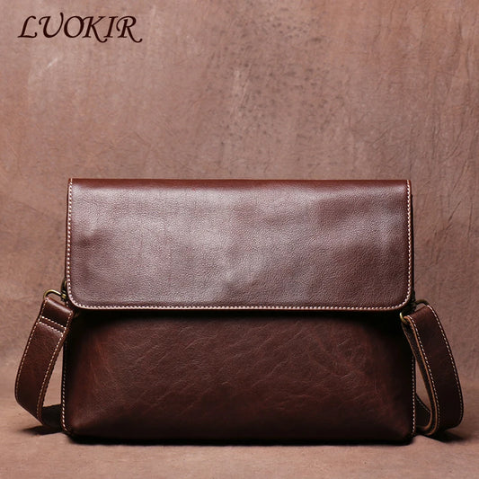 LUOKIR Sac bandoulière vintage en cuir véritable pour homme, sacoche simple à bandoulière, style décontracté, pochette à rabat en cuir de vache