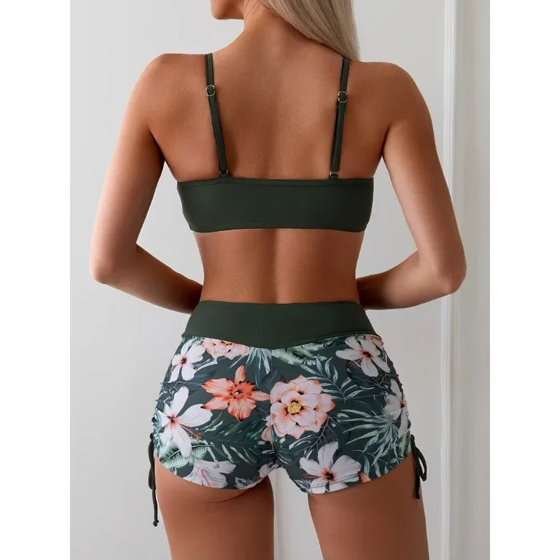 Two Piece Women Swimsuit Bathing Suits Floral Tropical High Waist Beachwear Board Shorts Halter Tops Bikinis Set