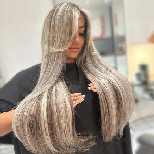 Straight 13x6 Ash Brown Highlight Lace Front Wig Human Hair Natural Hairline Ash Blonde Transparent Lace Frontal Wig For Women
