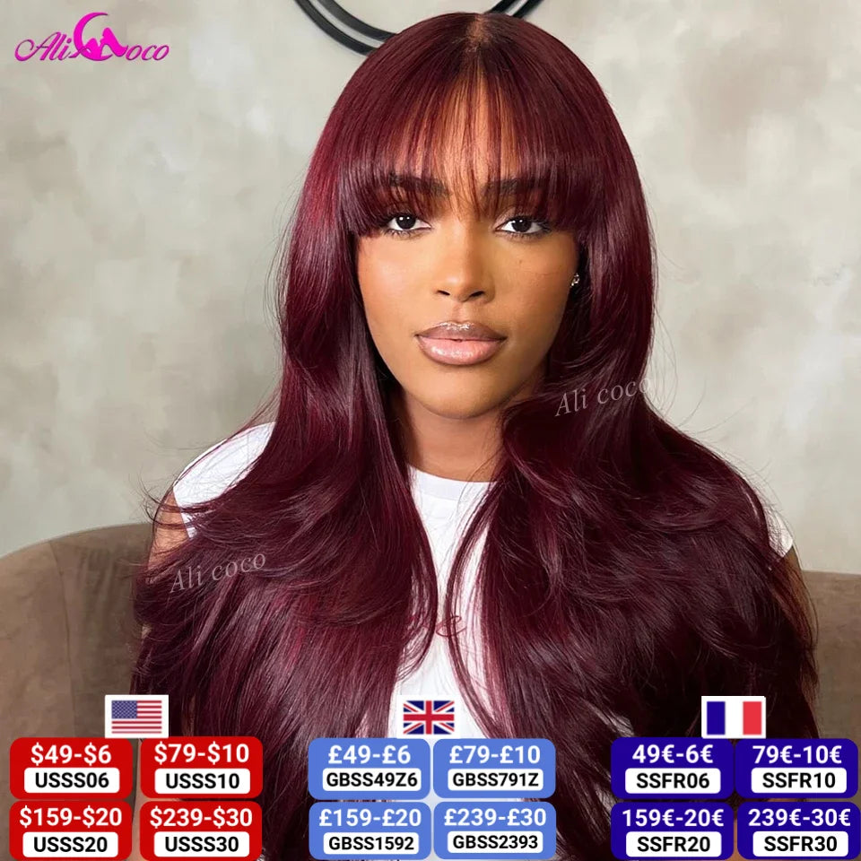 Body Wave 99j Burgundy Lace Front Wigs Human Hair 13x4 Transparent Frontal Wig With Bangs Pre Plucked With Baby Hair 200 Density