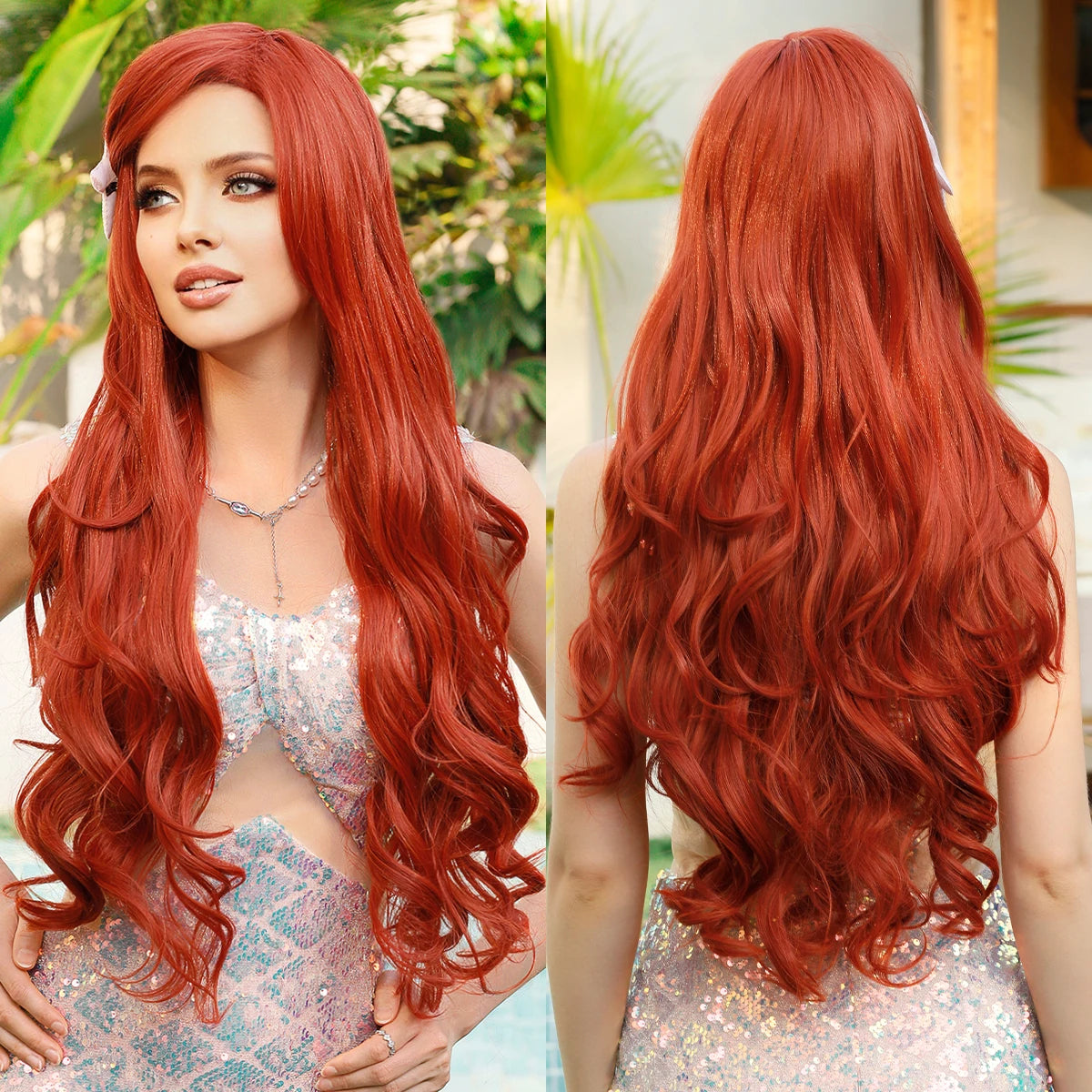 Aquamarine Wig Synthetic Long Curly Orange Red Mermaid Wig with Bangs Loose Body Wave Wigs for Women Halloween Party Cosplay Wig