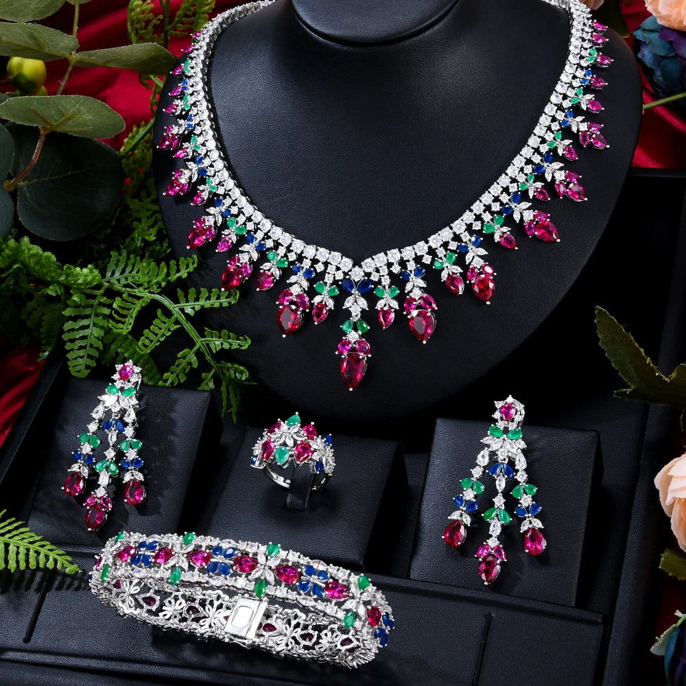Ensemble complet de bijoux de mariée 4 pièces en zircone pour femme, ensemble de luxe en cristal CZ pour mariage à Dubaï, au Nigeria